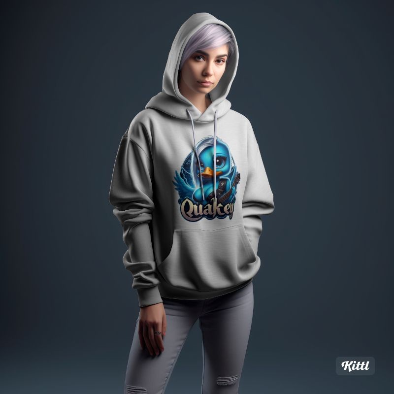 Person wearing a hoodie featuring a blue character with text 'Quakey' on the front.