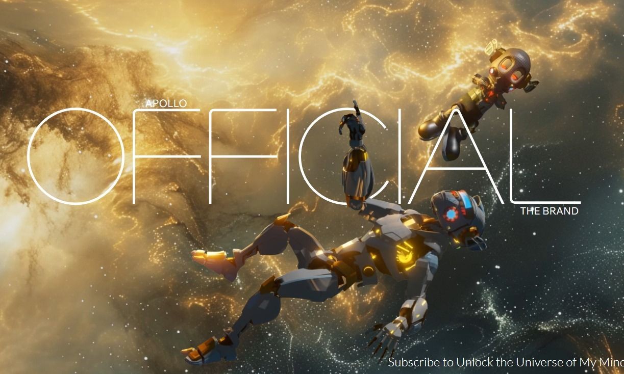 Two futuristic robots floating in a cosmic space background with swirling golden nebulae and stars.
