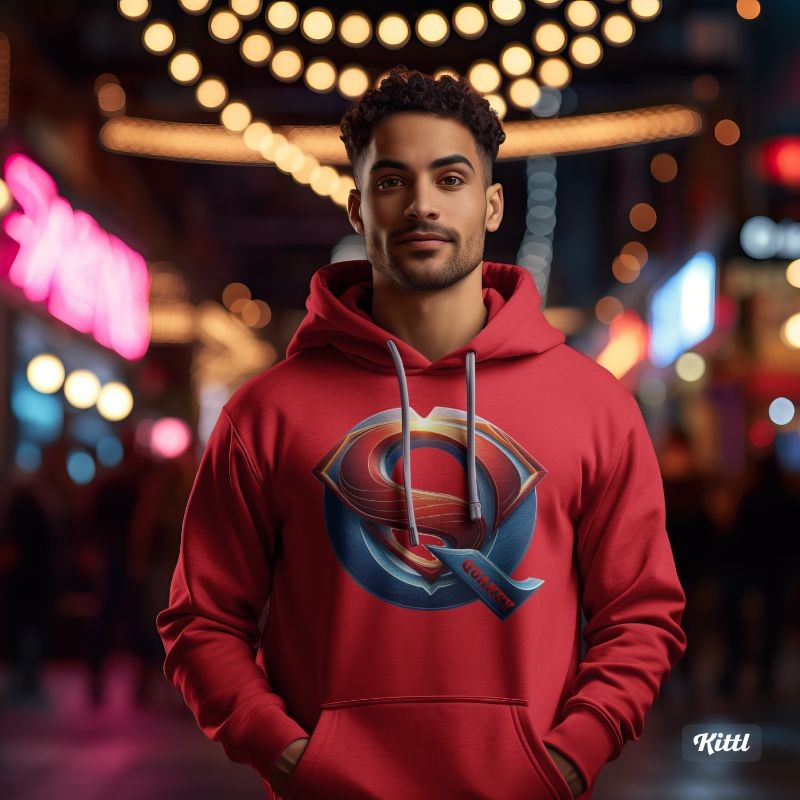 Person wearing a red hoodie with a superhero emblem standing in a vibrant cityscape with colorful lights.