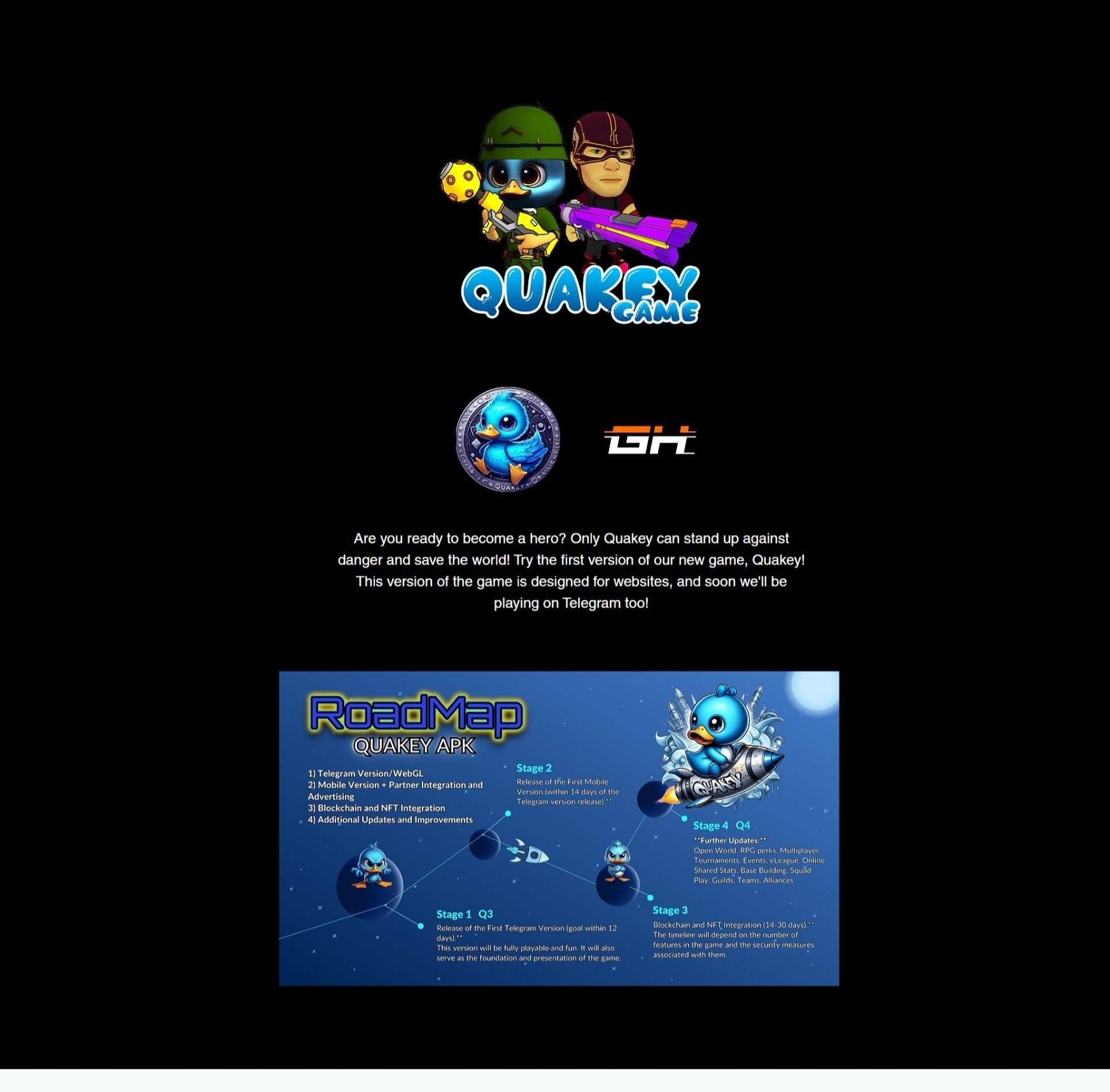 Quakey Game promotional image with characters and roadmap for game development stages on a dark background.